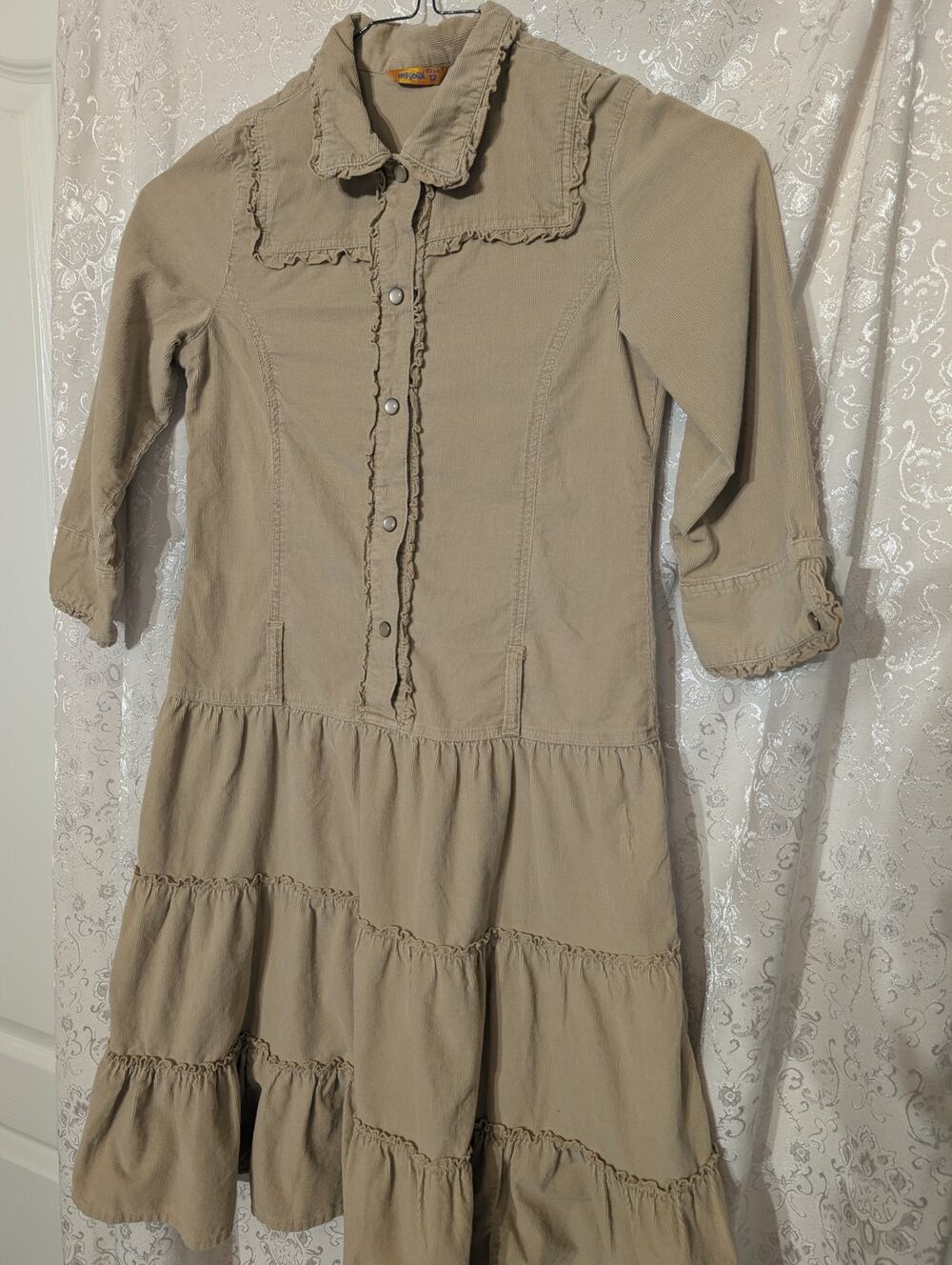 Mayoral Girls Size 12 152cm Beige Fine Corduroy Tiered Ruffle Prairie Dress